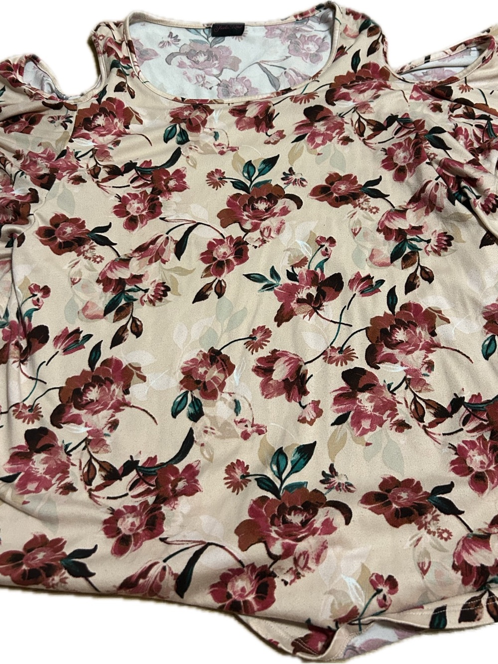 Women's Cream Floral Cold-Shoulder Blouse with Burgundy Print